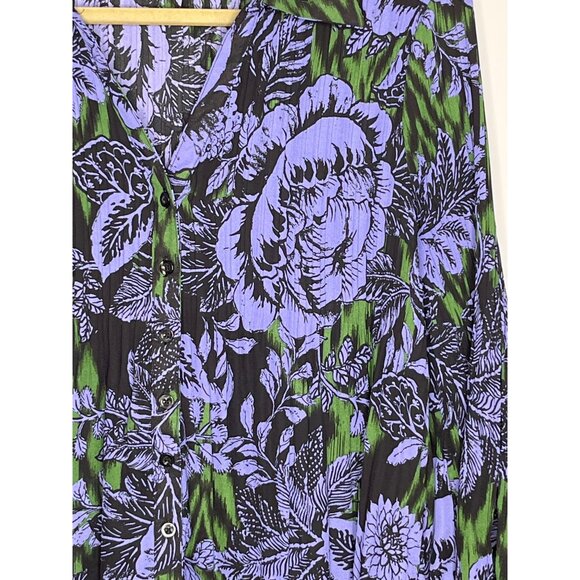 Sunny Leigh Purple Green Black Button Front Collared Floral Tunic Blouse Large - Picture 2 of 10